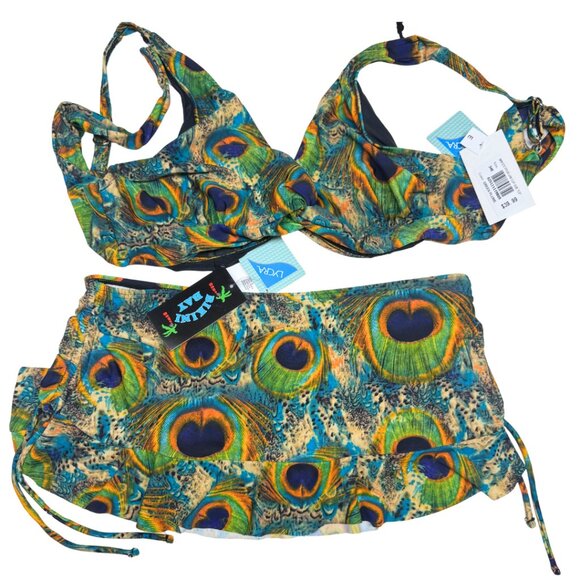 Bikini Bay Peacock 2-Piece Swimsuit – 34E Wired Top + Size 8 Skirted Bottom –NWT - Picture 1 of 10